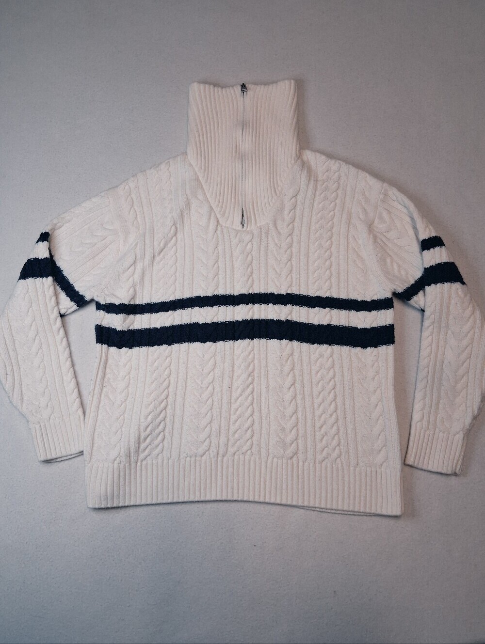 Zara Cream Cable-Knit Turtleneck Sweater with Navy Stripes